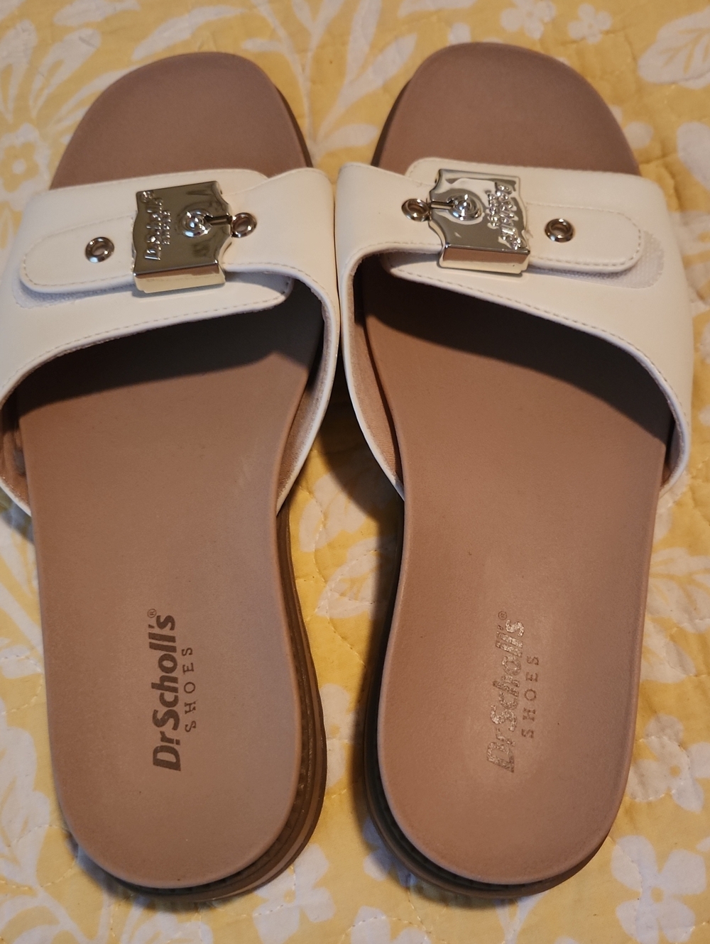 Dr. Scholl's Women's White Slide Sandals with Gold Accent